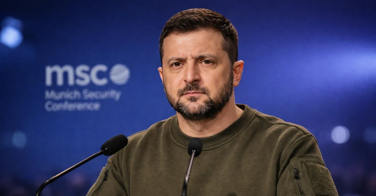 Volodymyr Zelenskyy speaking seriously at a podium with the Munich Security Conference logo in the background.