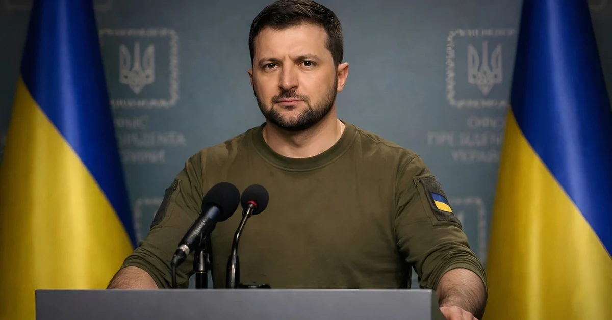Ukrainian President Volodymyr Zelenskyy speaking at a press briefing in Kyiv regarding the US June deadline for peace talks.
