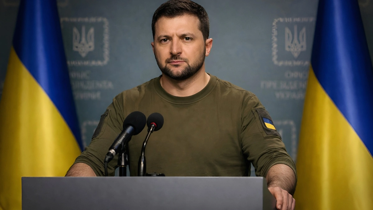 Ukrainian President Volodymyr Zelenskyy speaking at a press briefing in Kyiv regarding the US June deadline for peace talks.