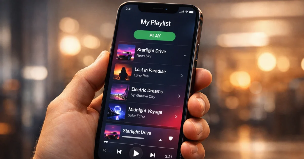 A hand holding an iPhone displaying the iOS 26.4 Apple Music Playlist Playground feature with album artwork on screen, set against a softly blurred urban background.