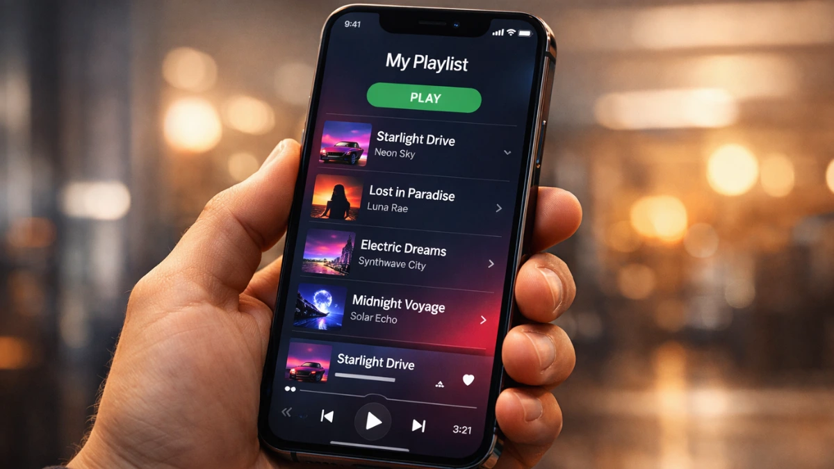 A hand holding an iPhone displaying the iOS 26.4 Apple Music Playlist Playground feature with album artwork on screen, set against a softly blurred urban background.