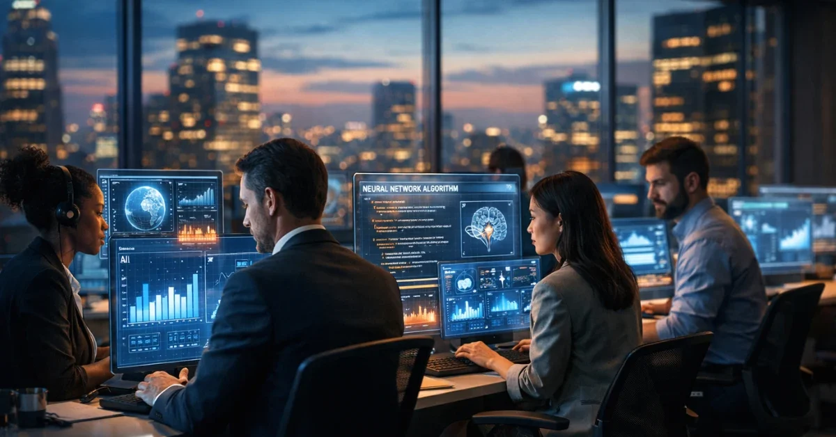 Professionals working on advanced digital screens in a modern office, representing the technology-driven 2026 job market.
