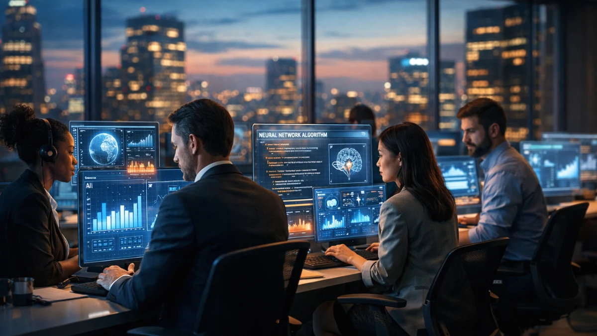 Professionals working on advanced digital screens in a modern office, representing the technology-driven 2026 job market.