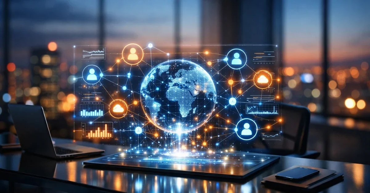 A futuristic glowing holographic interface displaying interconnected AI data networks above a modern glass desk in a corporate office.