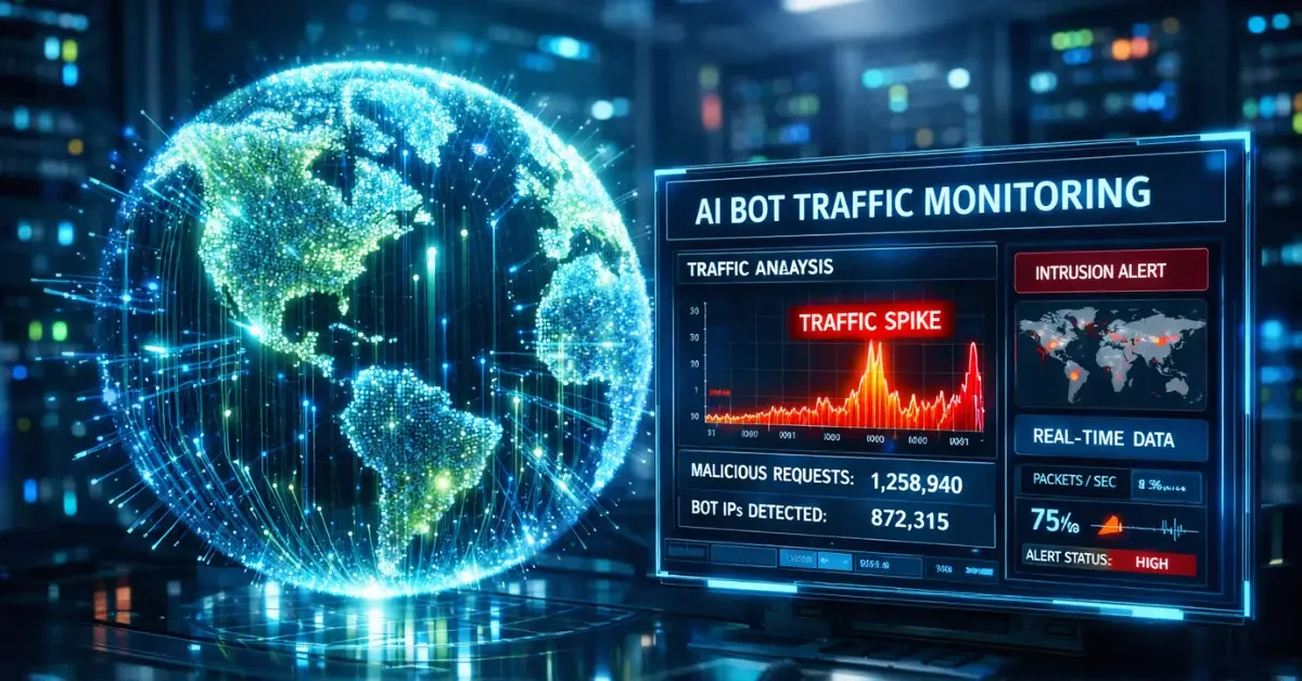 A glowing digital globe and holographic dashboard displaying internet traffic spikes in a high-tech server room.