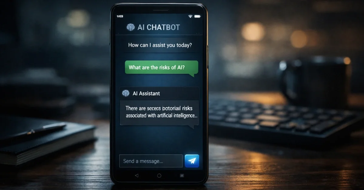 A glowing smartphone screen showing an artificial intelligence chat interface on a dark desk, representing AI chatbot safety concerns.