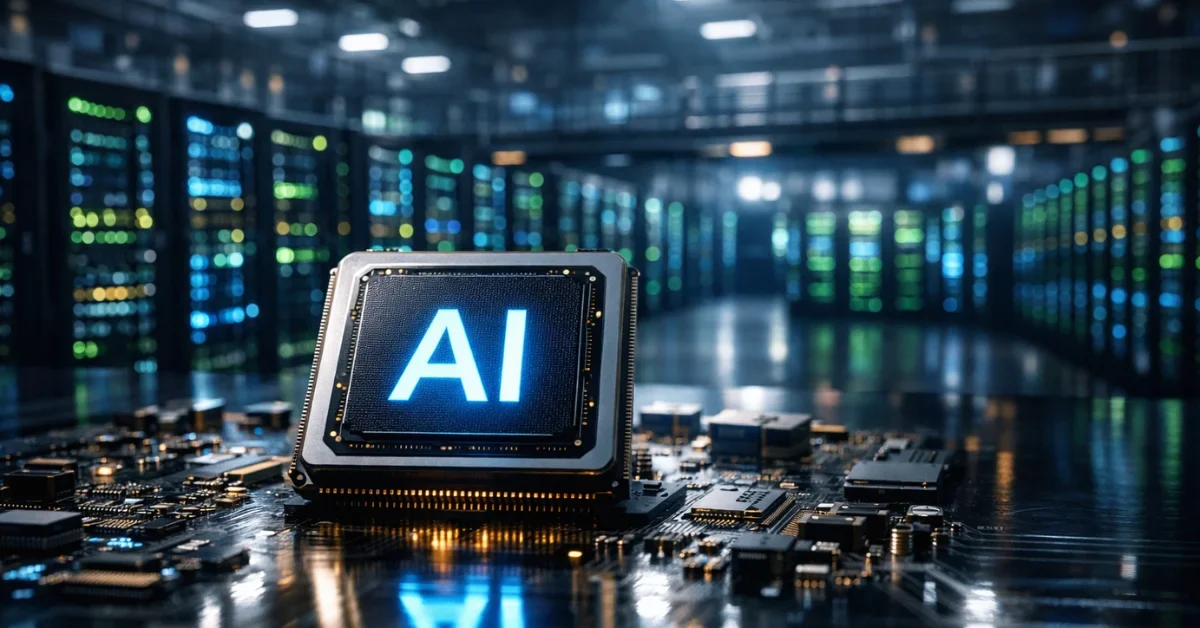A high-tech artificial intelligence microchip resting in front of glowing server racks inside a modern data center.