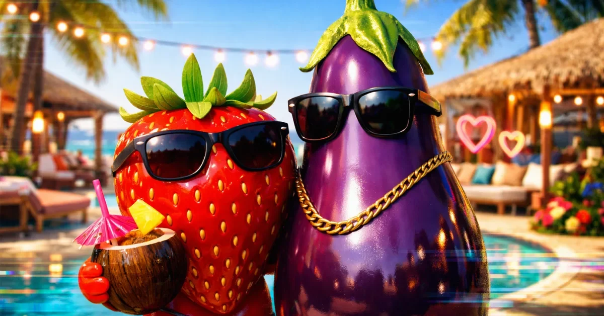 Anthropomorphic strawberry and eggplant characters standing on a virtual beach in an AI-generated reality dating show.
