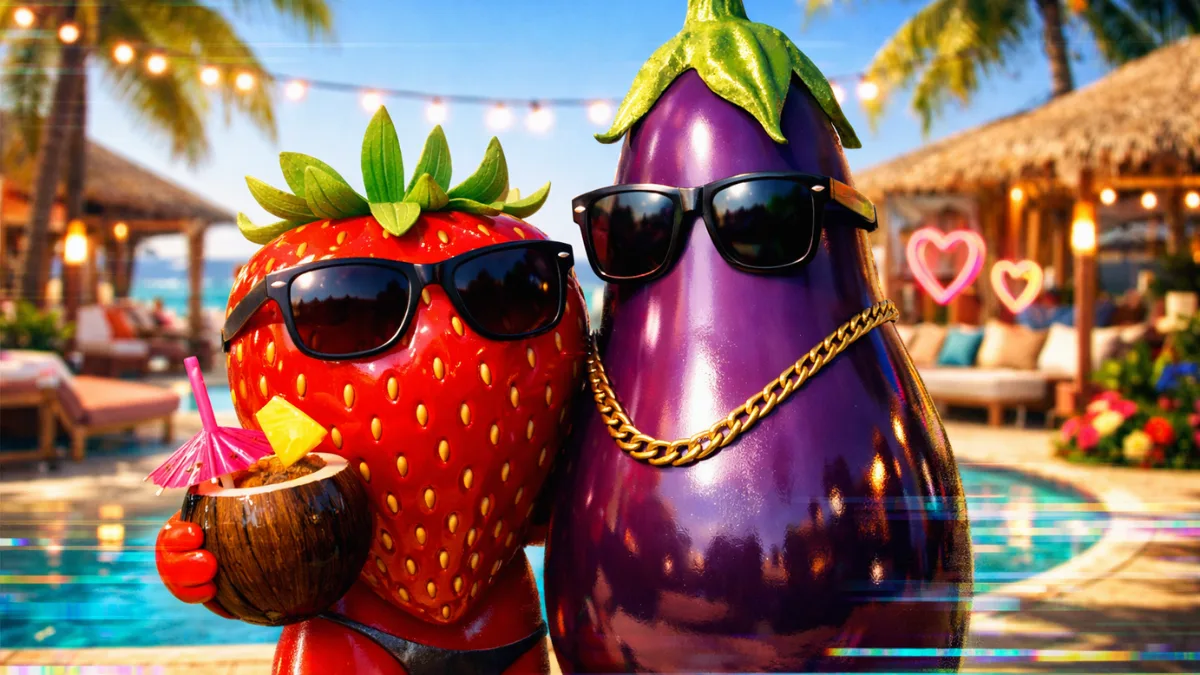 Anthropomorphic strawberry and eggplant characters standing on a virtual beach in an AI-generated reality dating show.