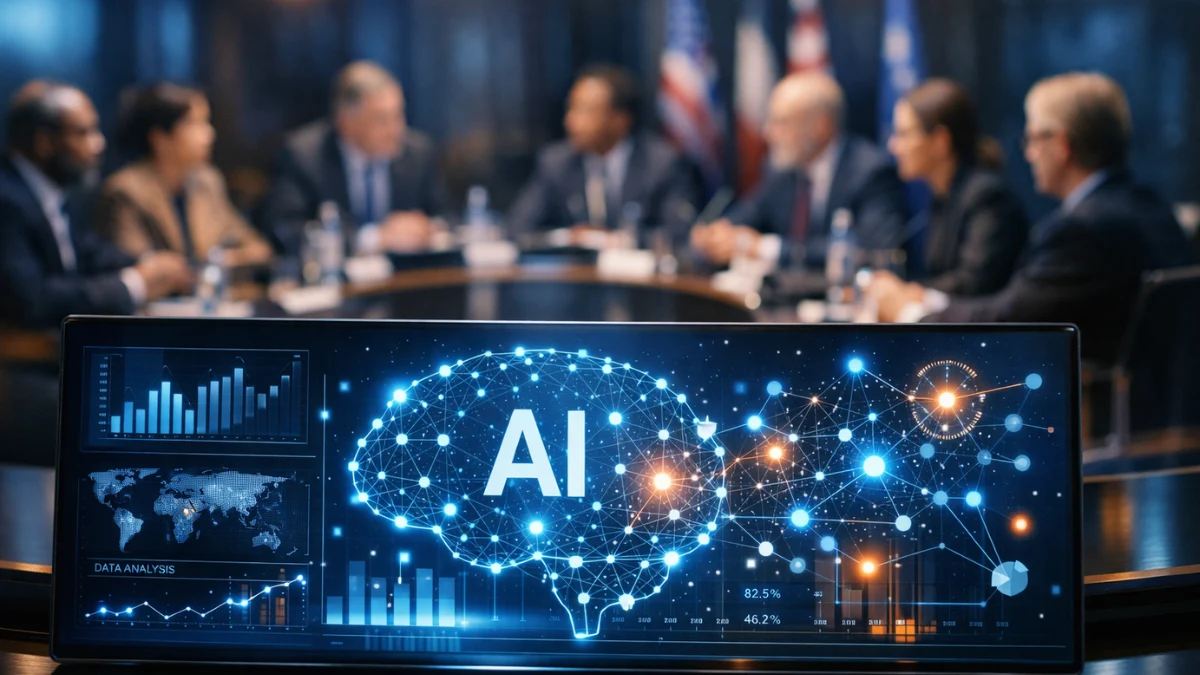 A digital display showing artificial intelligence network nodes in a modern conference room where policymakers and tech executives are discussing global AI governance frameworks.