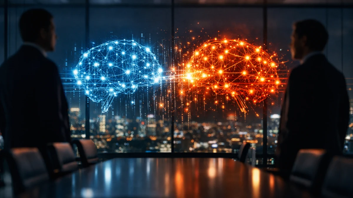 Two silhouetted executives face each other in a modern boardroom with glowing digital networks between them, representing the corporate rivalry and technological battle between AI companies.