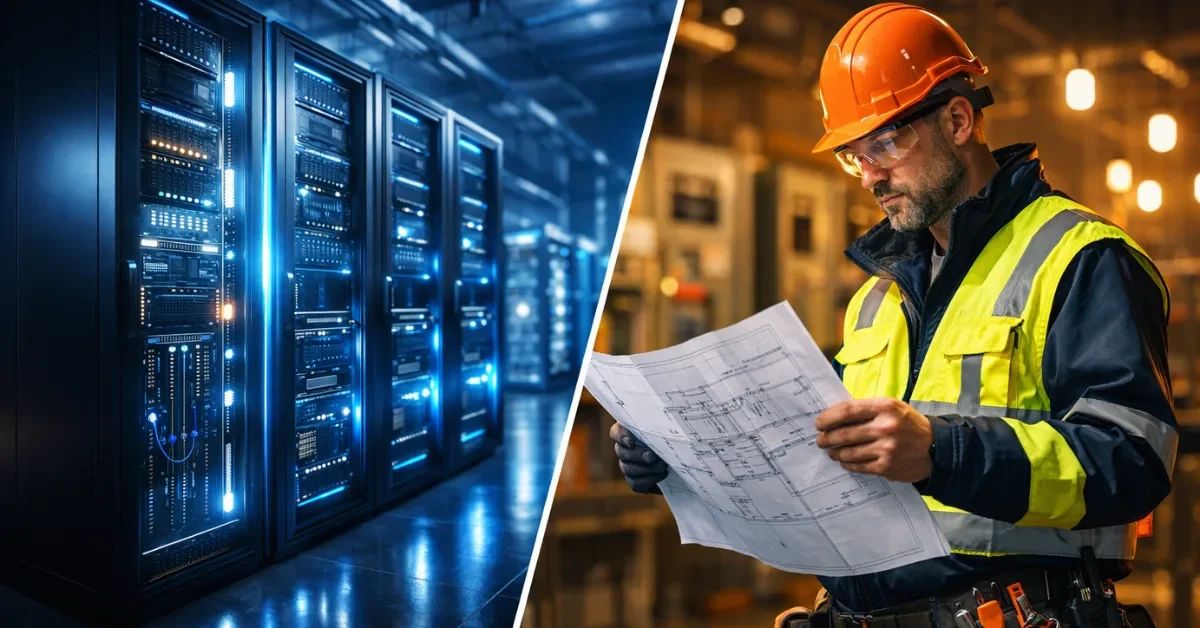 A split view showing futuristic glowing servers in a modern data center alongside a construction worker in safety gear reviewing blueprints.