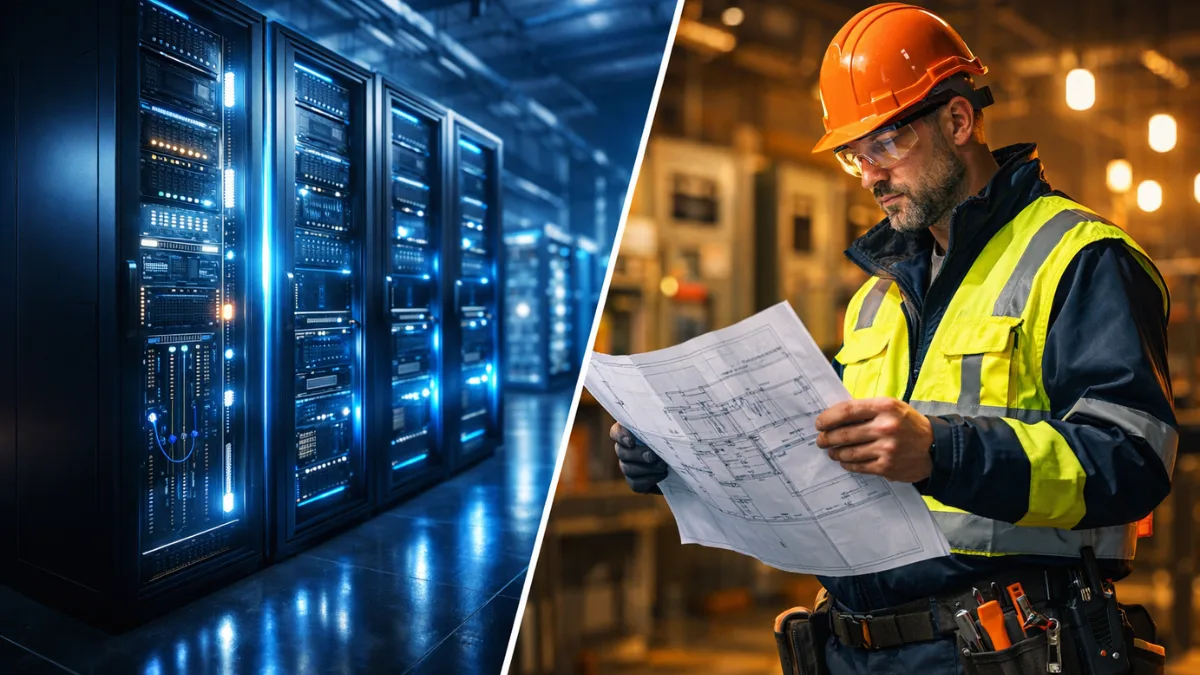 A split view showing futuristic glowing servers in a modern data center alongside a construction worker in safety gear reviewing blueprints.