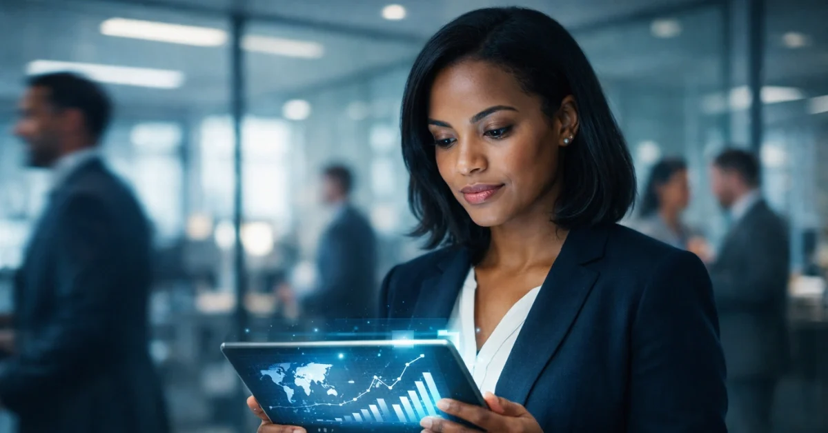 A professional holding a digital tablet with data graphs in a modern, brightly lit corporate office.