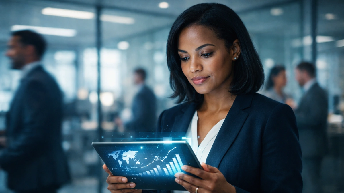 A professional holding a digital tablet with data graphs in a modern, brightly lit corporate office.