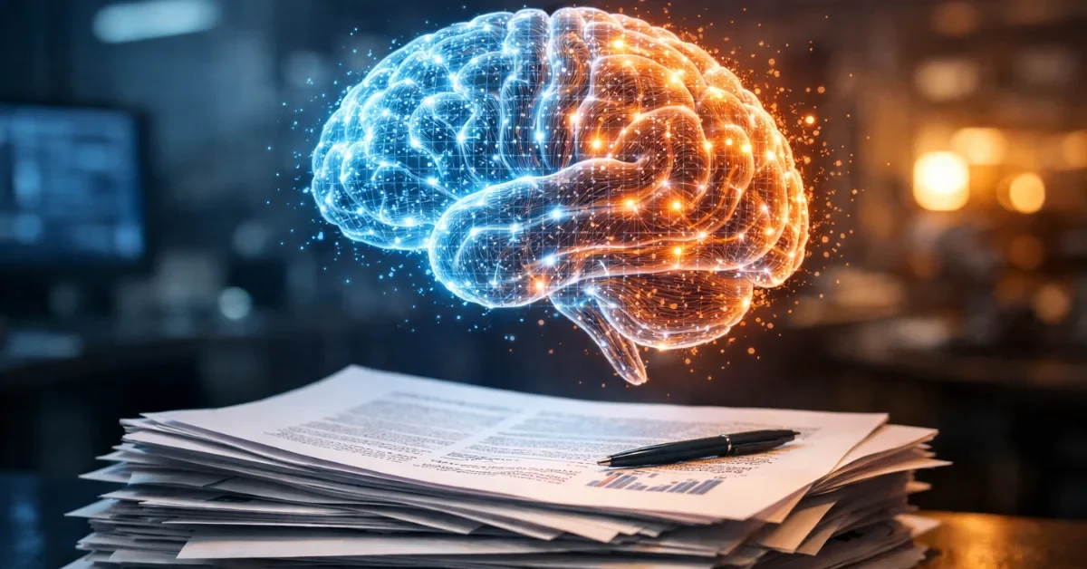 A glowing digital brain hovering over academic research papers, representing the use of artificial intelligence in the scientific peer review process.