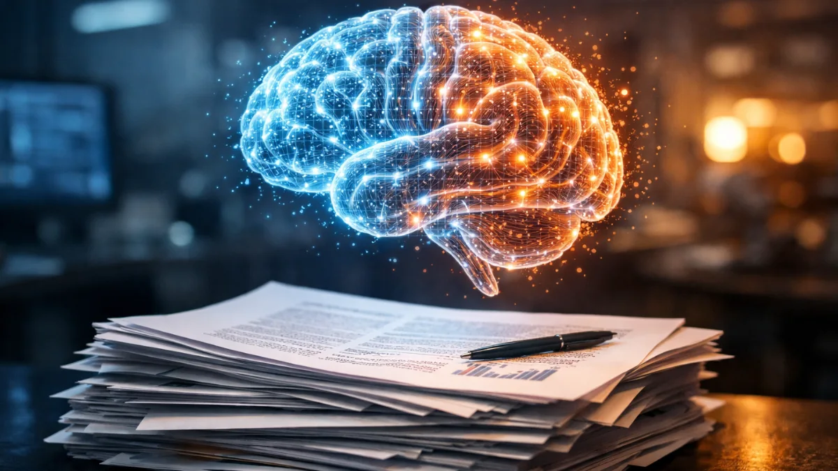 A glowing digital brain hovering over academic research papers, representing the use of artificial intelligence in the scientific peer review process.