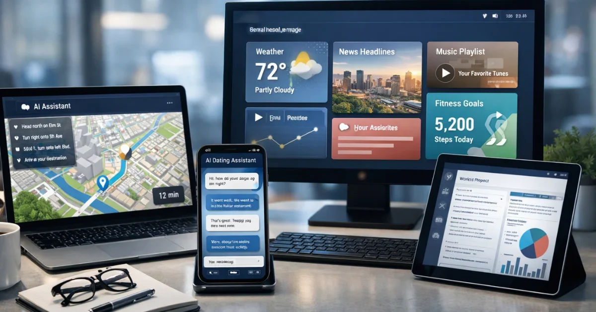 News-style illustration of devices displaying AI-powered map, dating, search, and work interfaces in a modern office setting.