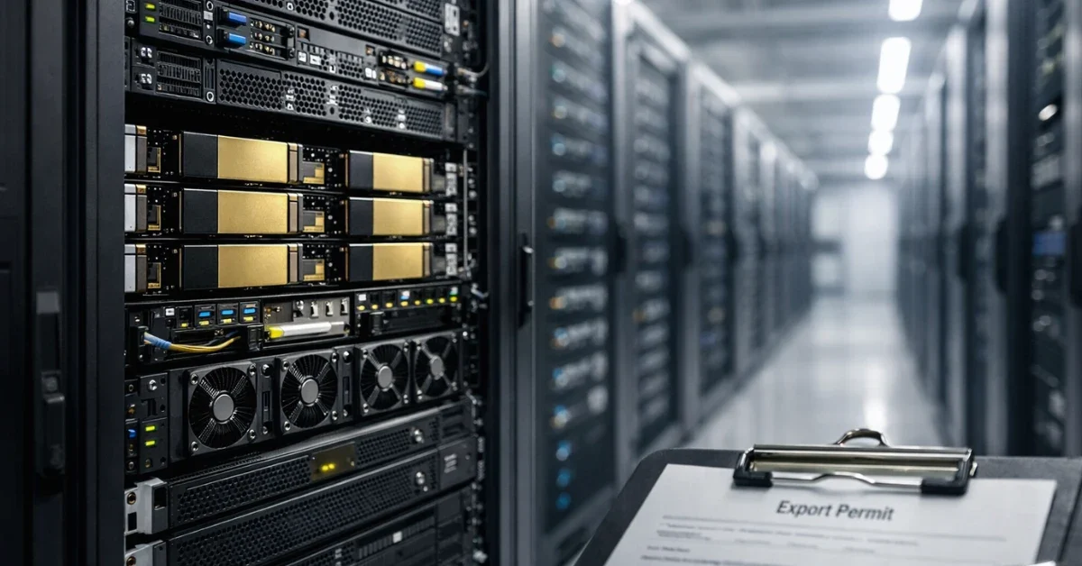 A wide view of a modern data center aisle with server racks and visible AI computing hardware, with a clipboard suggesting export approval paperwork in the foreground.