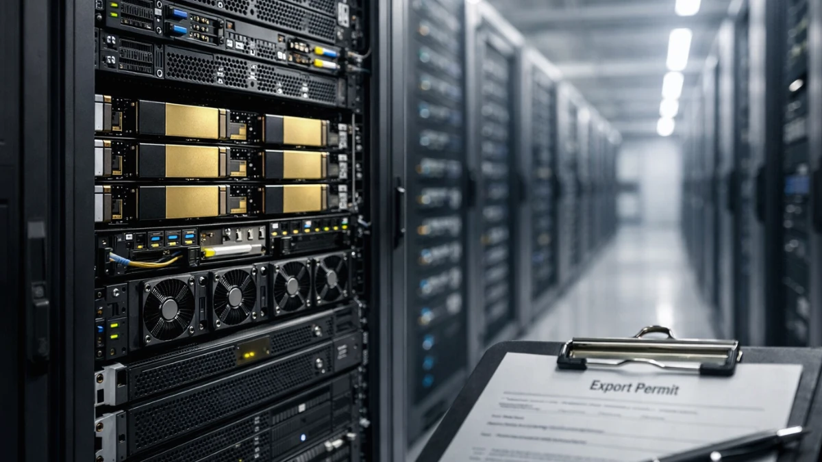 A wide view of a modern data center aisle with server racks and visible AI computing hardware, with a clipboard suggesting export approval paperwork in the foreground.