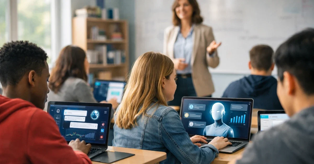 High school students using laptops in a modern, well-lit classroom while a teacher supervises.