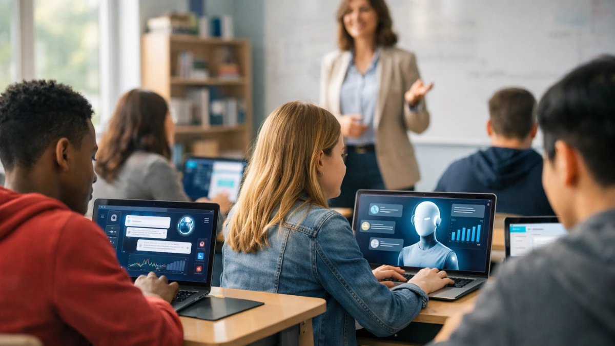 High school students using laptops in a modern, well-lit classroom while a teacher supervises.