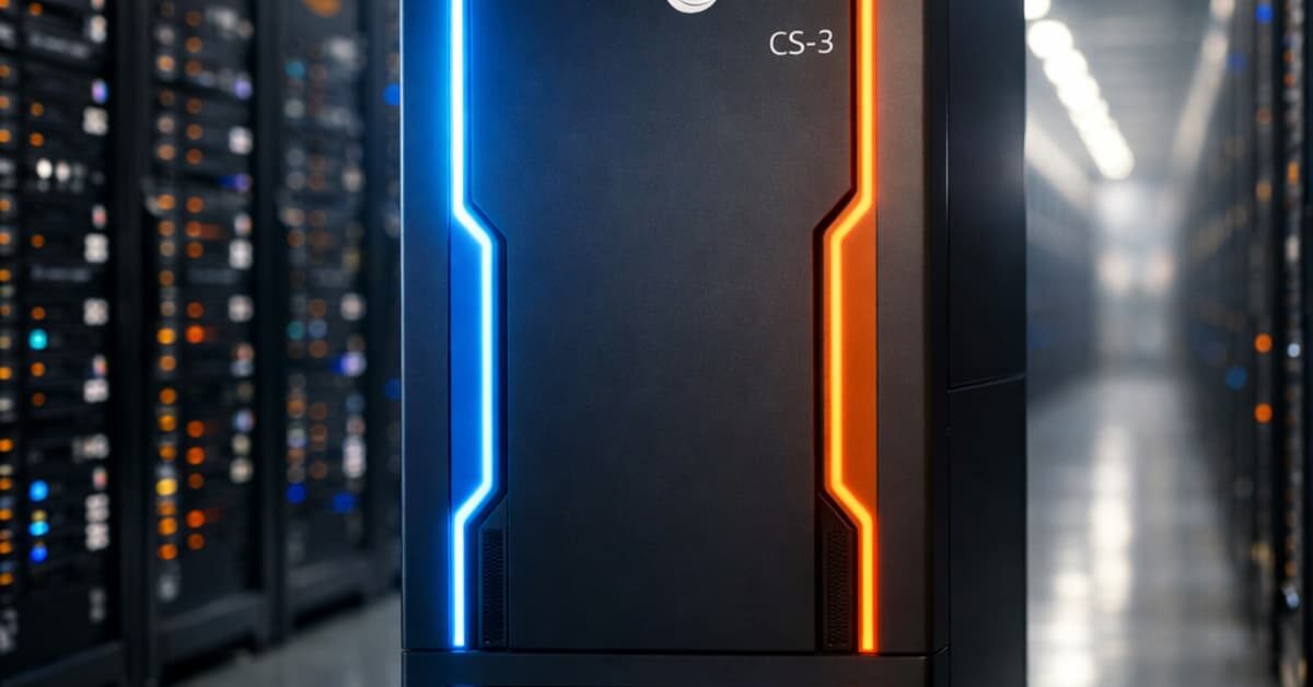 A sleek Cerebras CS-3 AI server appliance installed inside a brightly lit Amazon Web Services data center.