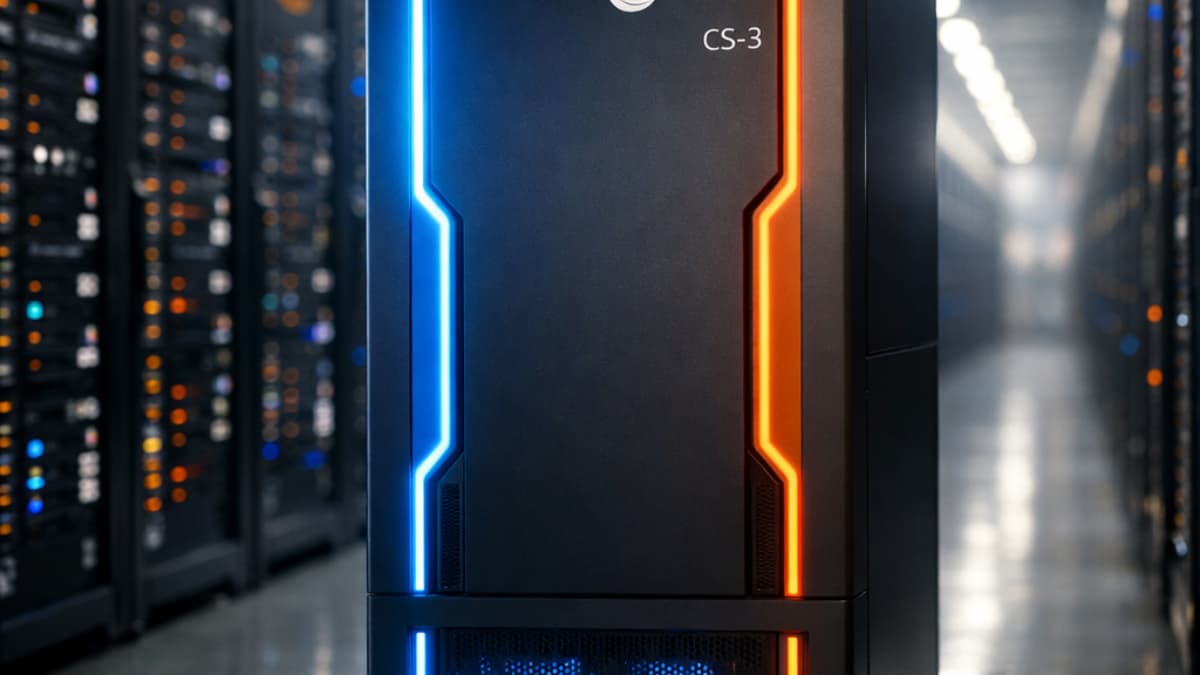 A sleek Cerebras CS-3 AI server appliance installed inside a brightly lit Amazon Web Services data center.