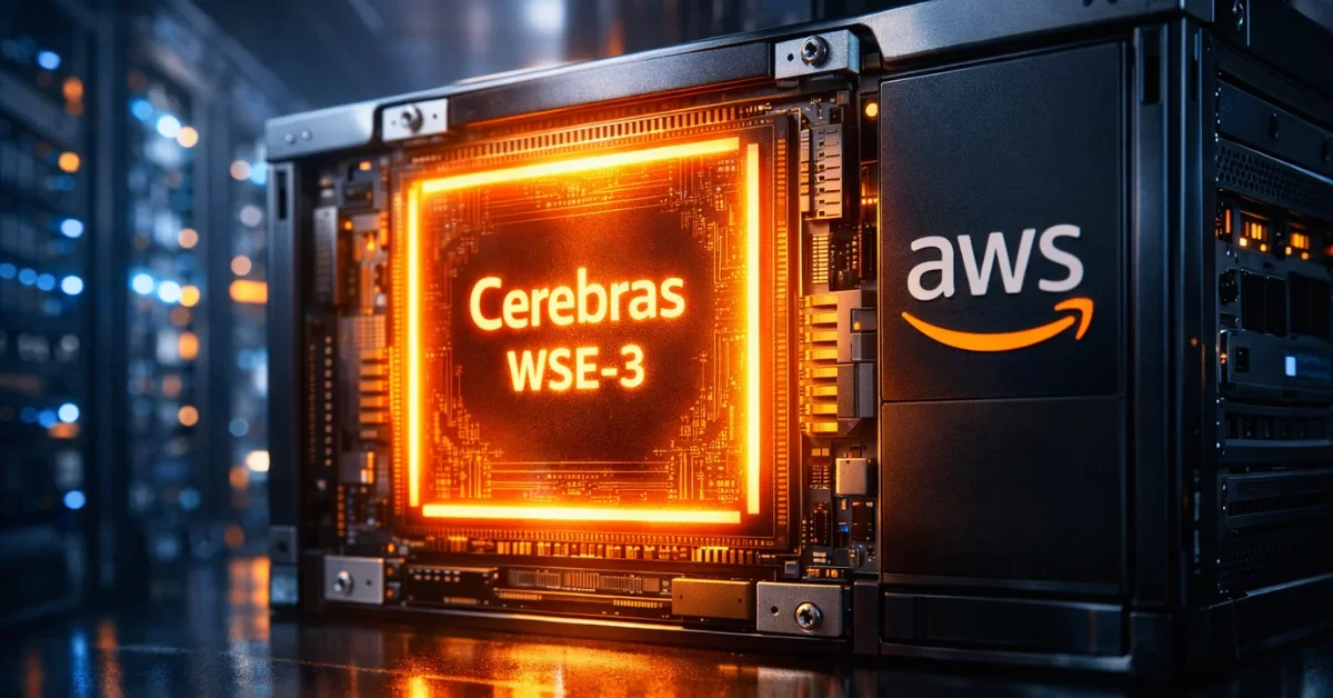 A highly detailed, glowing Cerebras WSE-3 artificial intelligence chip installed inside a modern Amazon Web Services data center server rack, illuminated by dramatic blue and orange lighting.