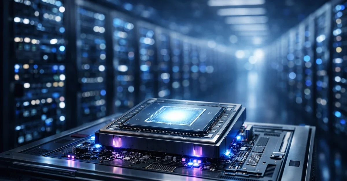 A glowing giant computer chip displayed on a server rack inside a modern, brightly lit cloud data center.