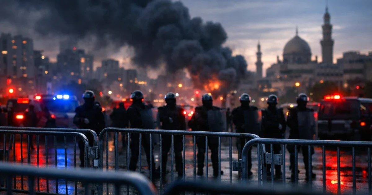 A line of riot police stands behind metal barricades on a city street as thick black smoke rises in the background.