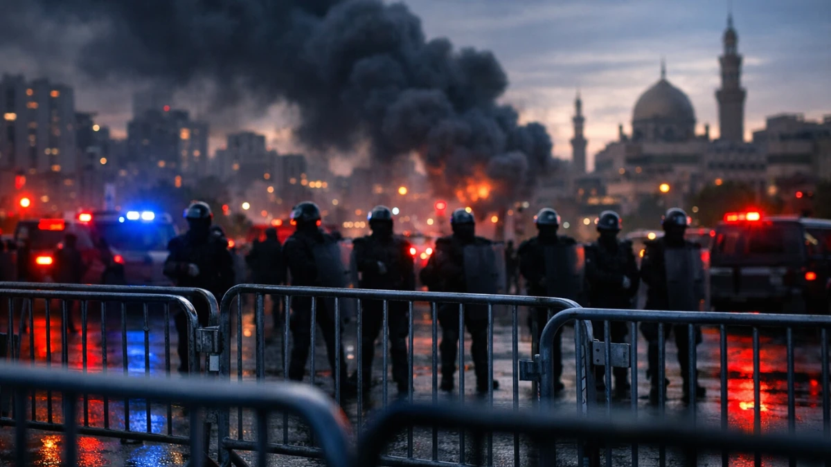A line of riot police stands behind metal barricades on a city street as thick black smoke rises in the background.