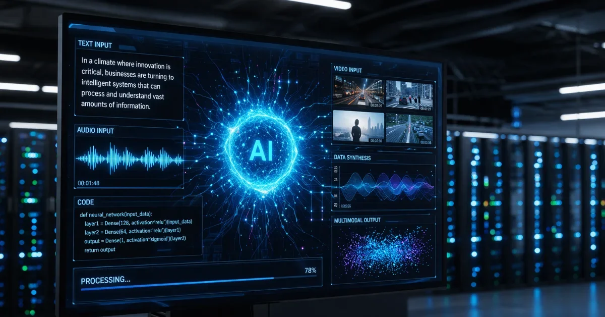 A futuristic server room screen displaying a glowing AI neural network merging soundwaves, text code, and video frames, representing the native multimodal capabilities of an advanced AI model.