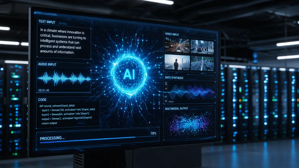 A futuristic server room screen displaying a glowing AI neural network merging soundwaves, text code, and video frames, representing the native multimodal capabilities of an advanced AI model.