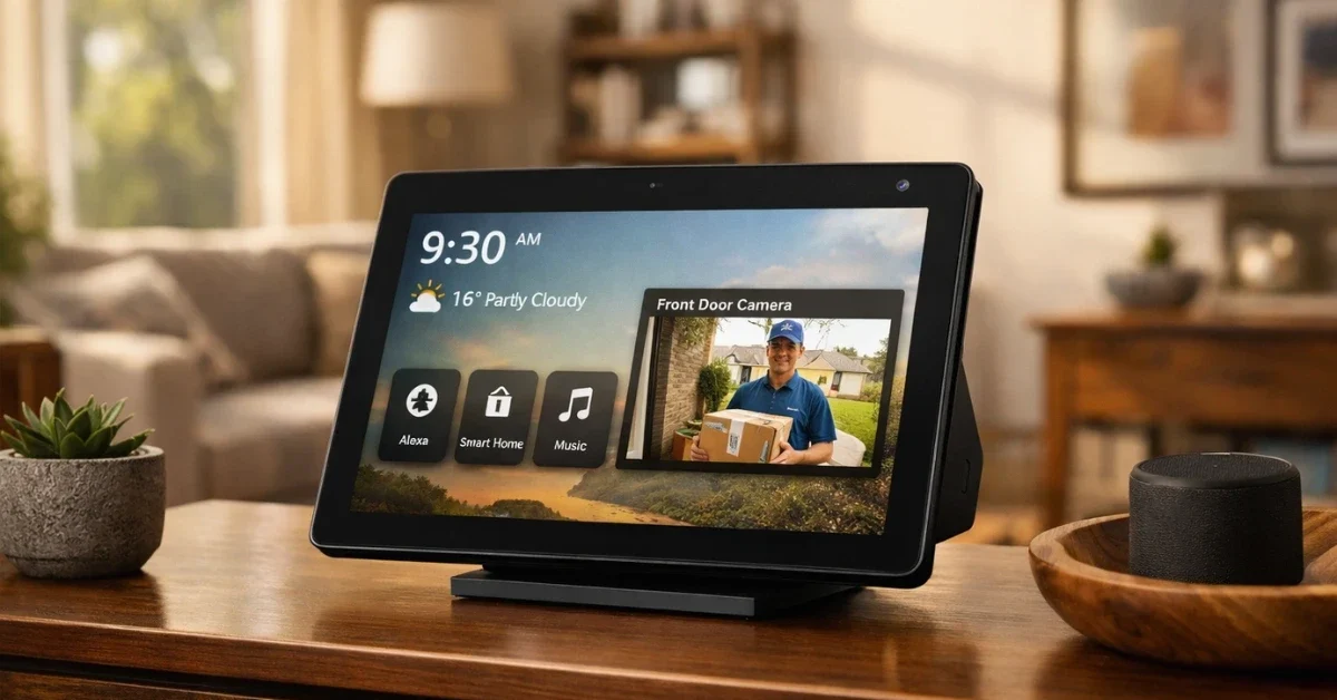The new Amazon Echo Show 11 smart speaker displayed on a wooden table in a warmly lit, modern British living room.