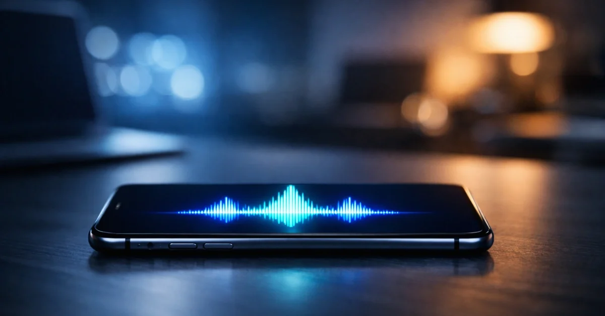 A modern smartphone displaying a glowing AI waveform on its screen, resting on a desk in a dimly lit tech office.