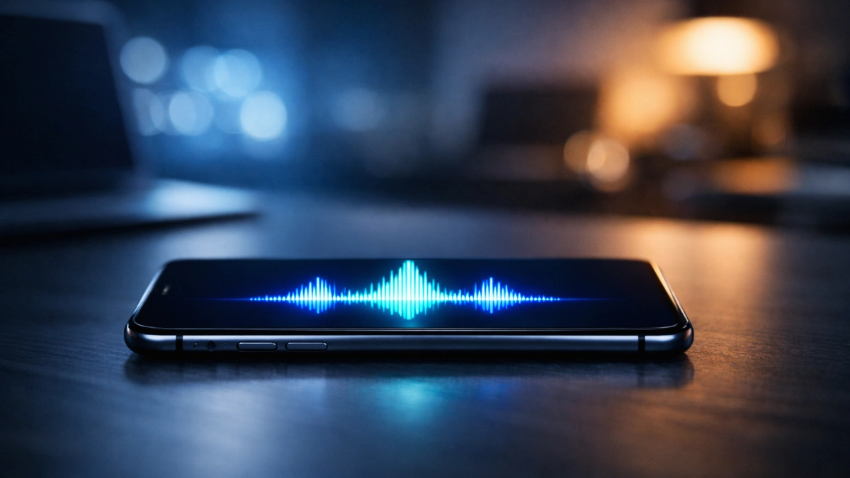 A modern smartphone displaying a glowing AI waveform on its screen, resting on a desk in a dimly lit tech office.