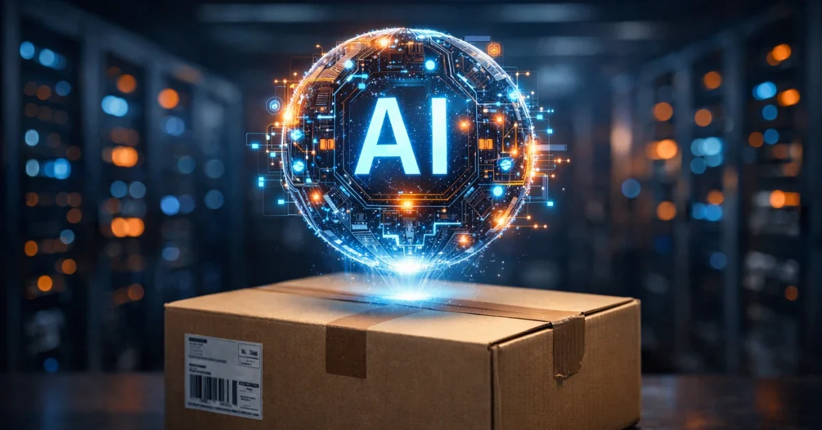 A glowing digital AI node hovering over a brown e-commerce shipping box in a modern data center.