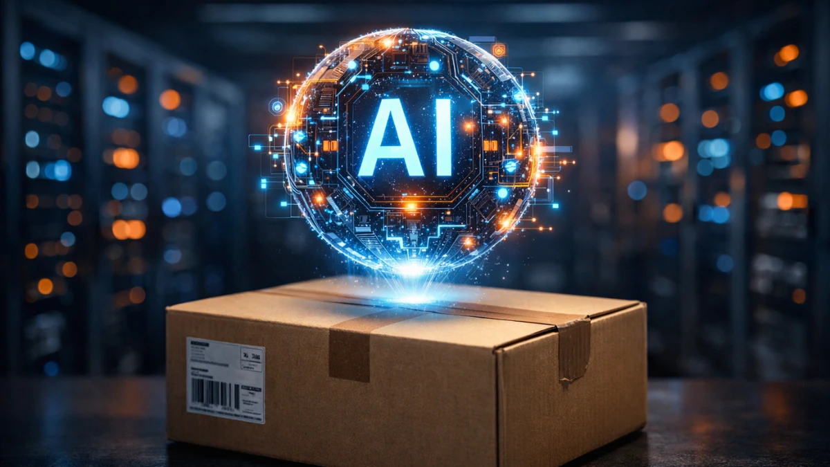 A glowing digital AI node hovering over a brown e-commerce shipping box in a modern data center.