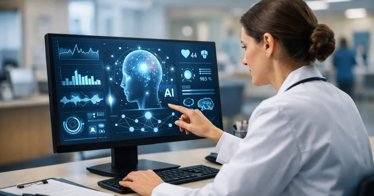 A healthcare professional working at a modern computer interface powered by artificial intelligence.