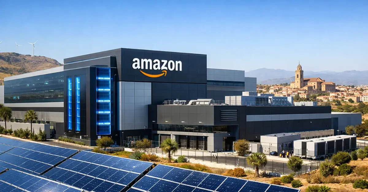 A modern Amazon data center building in a sunny Spanish landscape, featuring solar panels and sleek technology infrastructure.