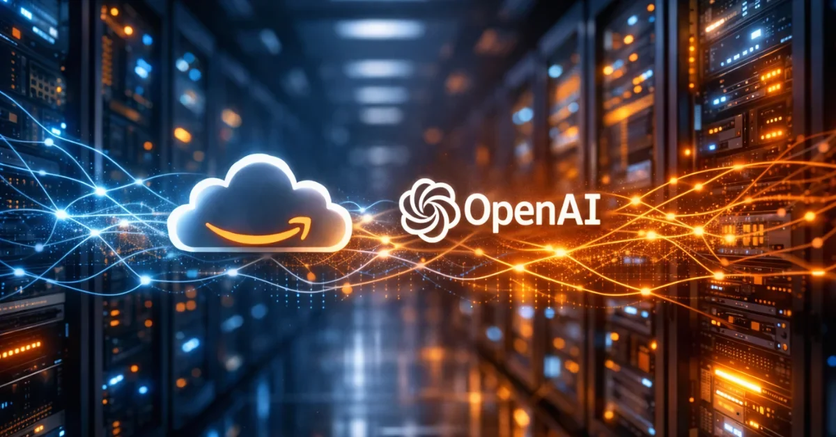 A futuristic server room with glowing blue and orange digital data streams representing the strategic cloud and artificial intelligence partnership between Amazon and OpenAI.