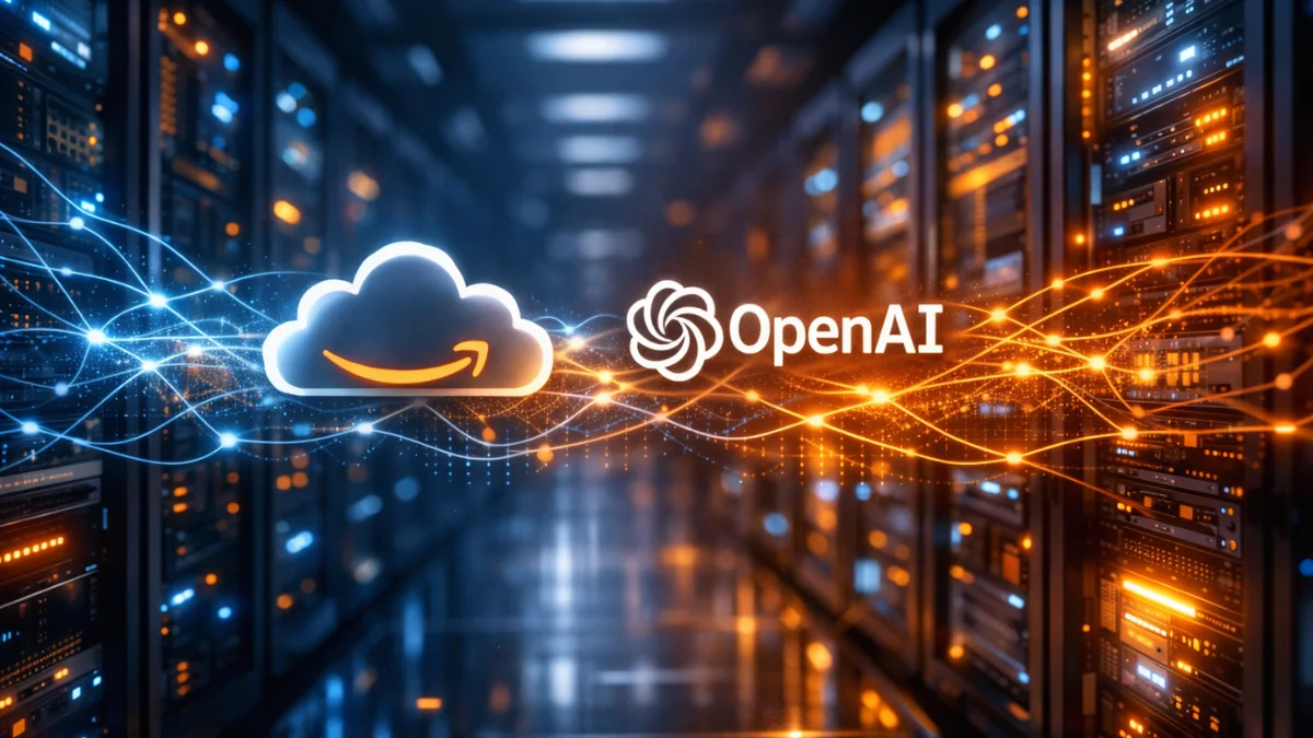 A futuristic server room with glowing blue and orange digital data streams representing the strategic cloud and artificial intelligence partnership between Amazon and OpenAI.