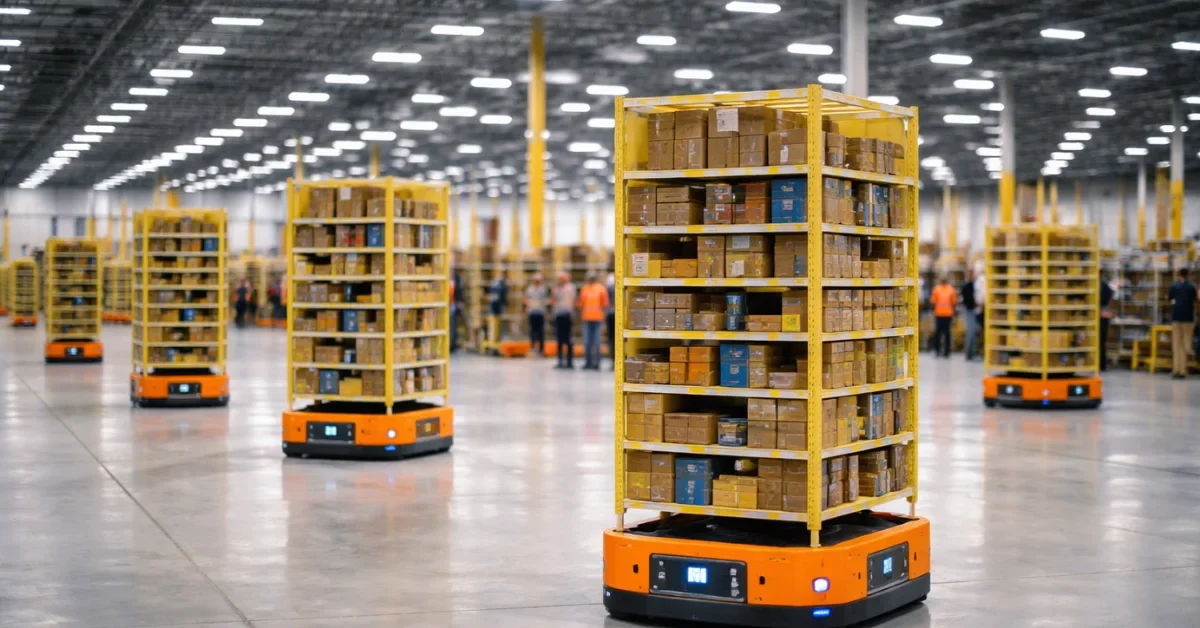 Autonomous Amazon robots and workers in safety vests operating inside a large Amazon fulfillment center warehouse with rows of shelving units and packages.