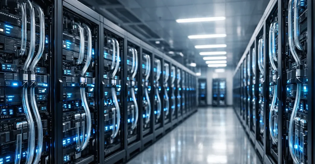 A brightly lit, modern data center featuring rows of advanced server racks with glowing blue lights and liquid cooling systems.