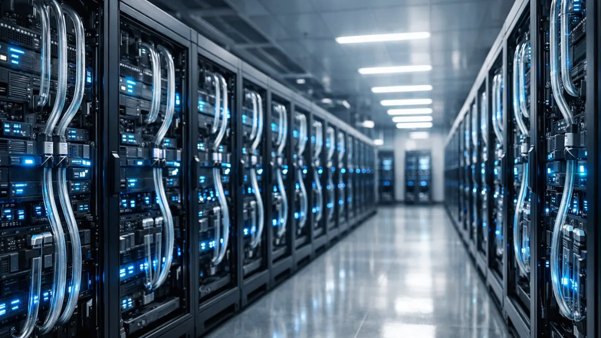A brightly lit, modern data center featuring rows of advanced server racks with glowing blue lights and liquid cooling systems.