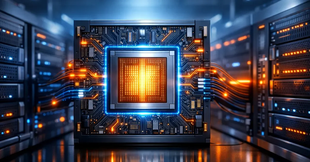 A glowing, massive AI processor integrated into a modern cloud computing data center rack.