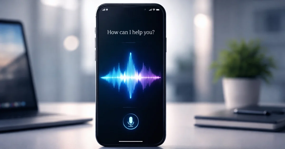 A generic modern smartphone displaying a voice assistant interface on a desk in a contemporary tech office setting