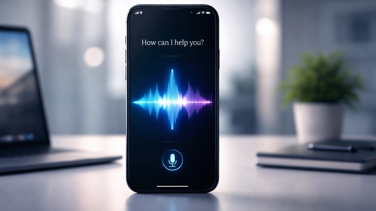 A generic modern smartphone displaying a voice assistant interface on a desk in a contemporary tech office setting