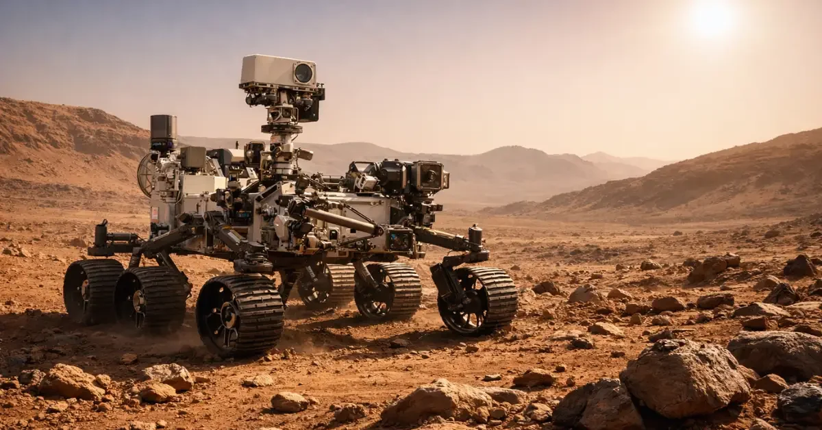 A hyper-realistic view of the NASA Perseverance rover exploring the rocky, red landscape of Jezero Crater on Mars under a clear sky.